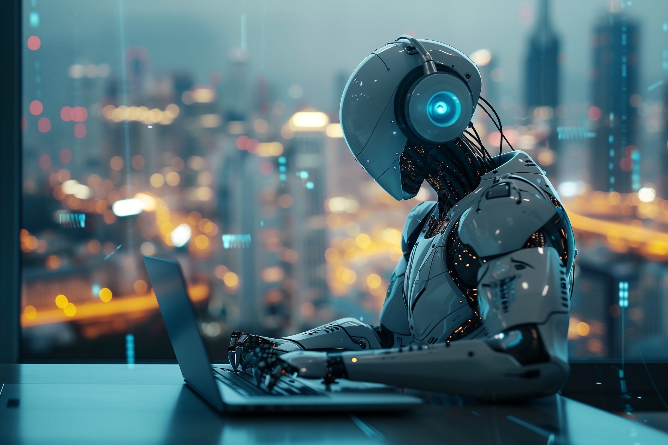 an artificial intelligence robot working on laptop generative by ai